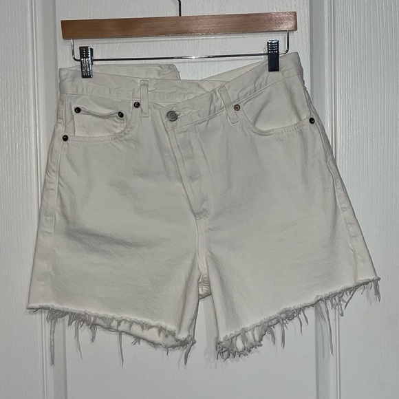 AGOLDE Criss Cross Short $178 Element White Denim Shorts Asymmetrical Long Sz 28 - Picture 3 of 9